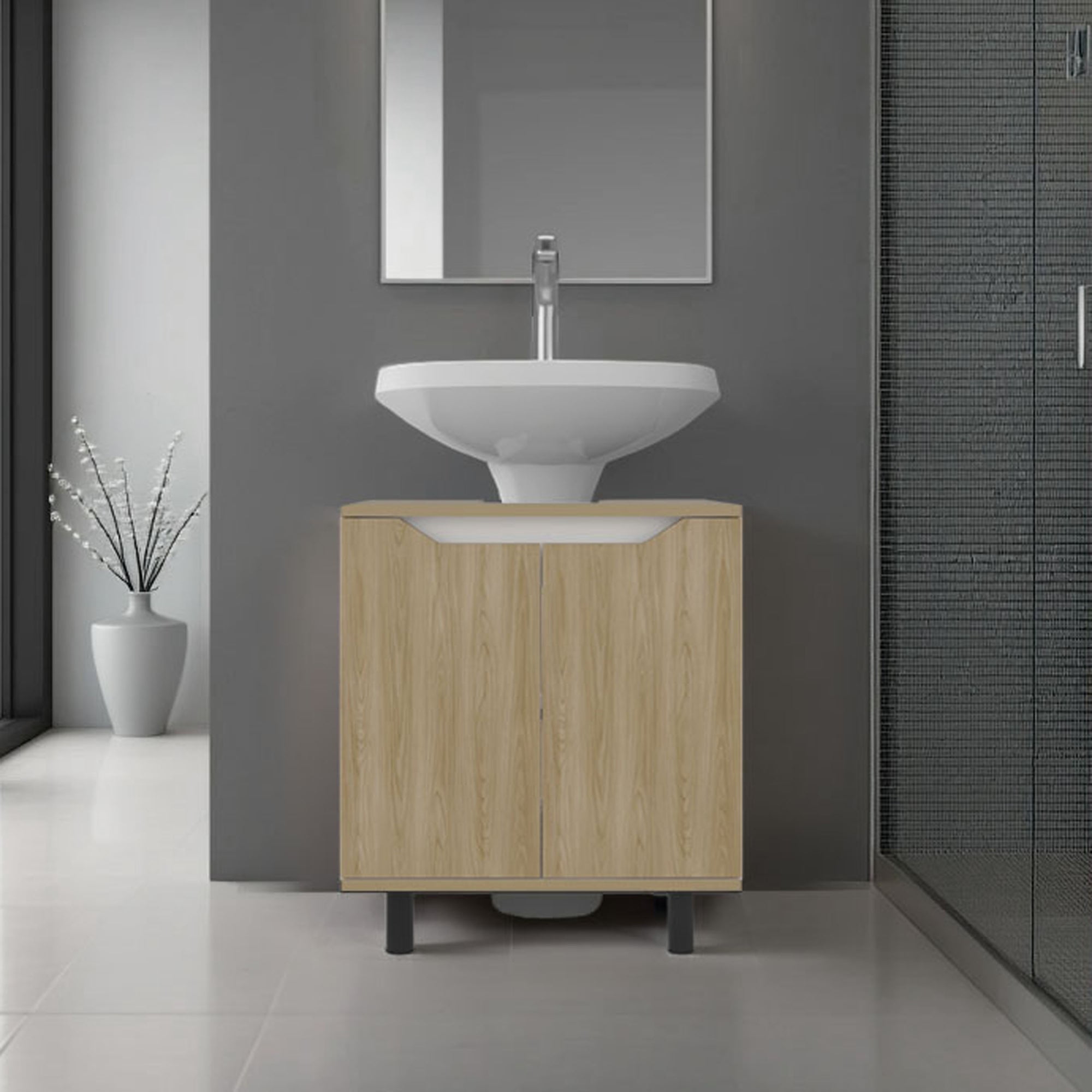 Tuhome - Mueble Para Lavamanos Marlo 2 Puertas Fresno Y Blanco