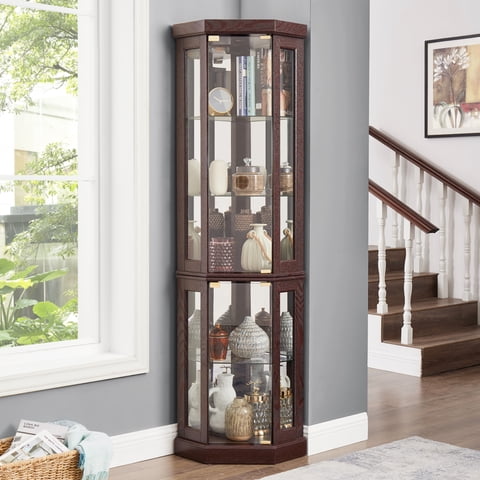 M&Ms - Corner Glass Cabinet Lighted Curio Cabinet Corner Display Case For Living Room, Curio Cabinet, Antique Collection, Wine,Bar Glass Storage Light Included,Dark Cherry