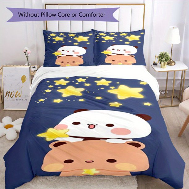 3pcs Cute Panda & Star Cartoon Bedding Set - Includes 1 Duvet Cover & 2 Pillowcases, All-Season Polyester Fabric with Zip Closure, Machine Washable for Bedroom Decor, Dorm Decor|Playful Design|Zippere
