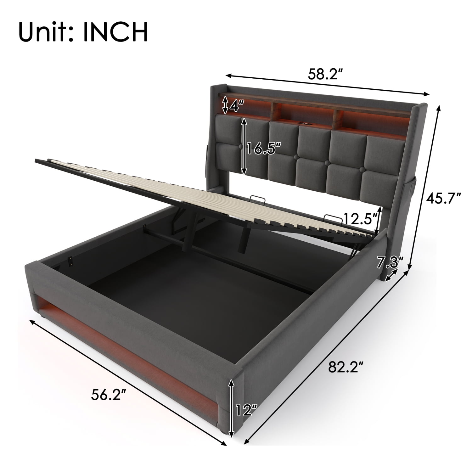 M&ms - Full Size Upholstered Platform Bed With A Hydraulic Storage System, Led And Usb Charging, Grey (without Mattress)