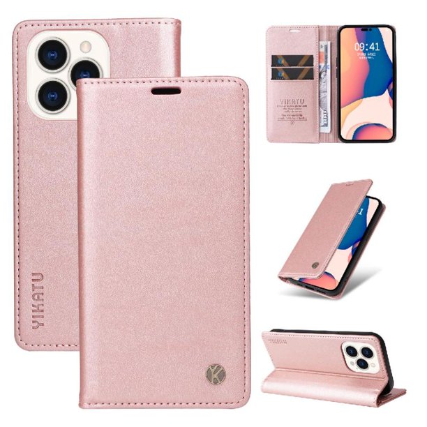 Funda Billetera de Cuero para iPhone 14 Pro con Tarjetero y Soporte - Tapa Magnética Rosa