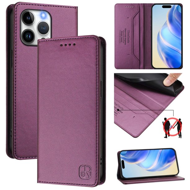 Funda Billetera con Soporte para iPhone 14 Pro Max Bloqueo RFID Plegable Violeta