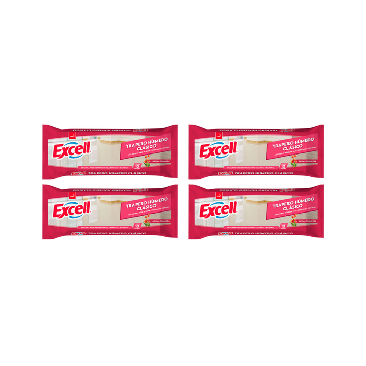 Pack 4 Traperos Humedos Excell Todo Tipo De Pisos Primavera 10 Unid Cada Uno.
