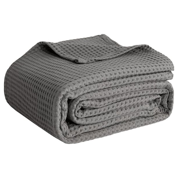 Manta de algodón 100% para cama - Manta de tejido waffle para verano, ligera y transpirable, suave manta tejida para primavera (gris oscuro, manta decorativa (127 x 152 cm))