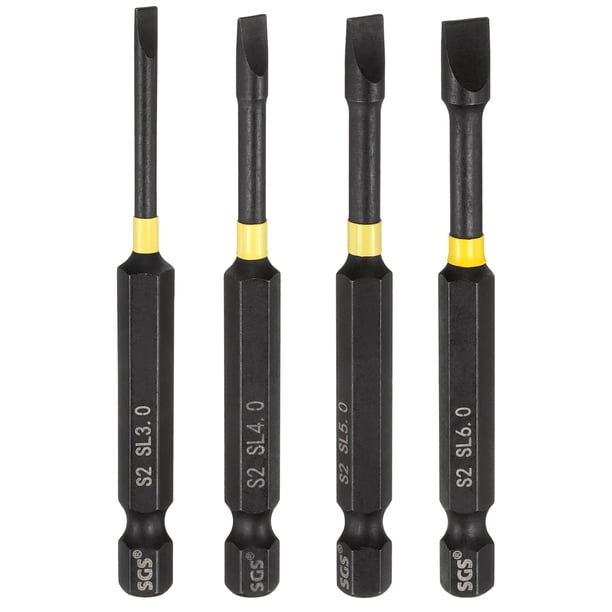 Uxcell 4pcs SL3-SL6 Puntas de Destornillador de Impacto Ranuradas 1/4" Vástago Hexagonal 3" de Largo Punta Magnética