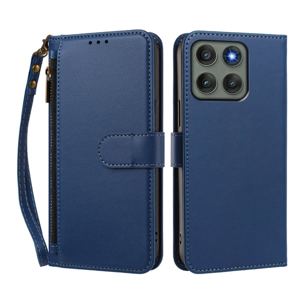 Funda Tipo Billetera para Motorola Moto Edge 60 pro con Soporte y Bolsillo con Cierre Azul profundo