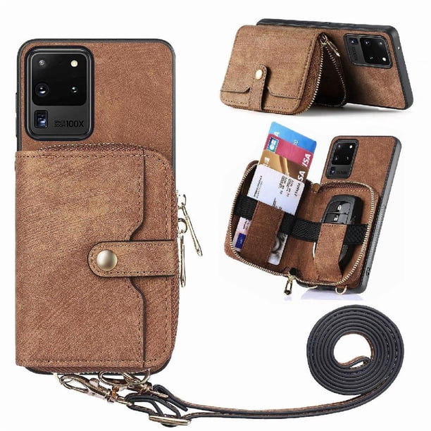 Funda Tipo Cartera con Correa Cruzada para Samsung Galaxy S20 Ultra Protección Contra Golpes Marrón