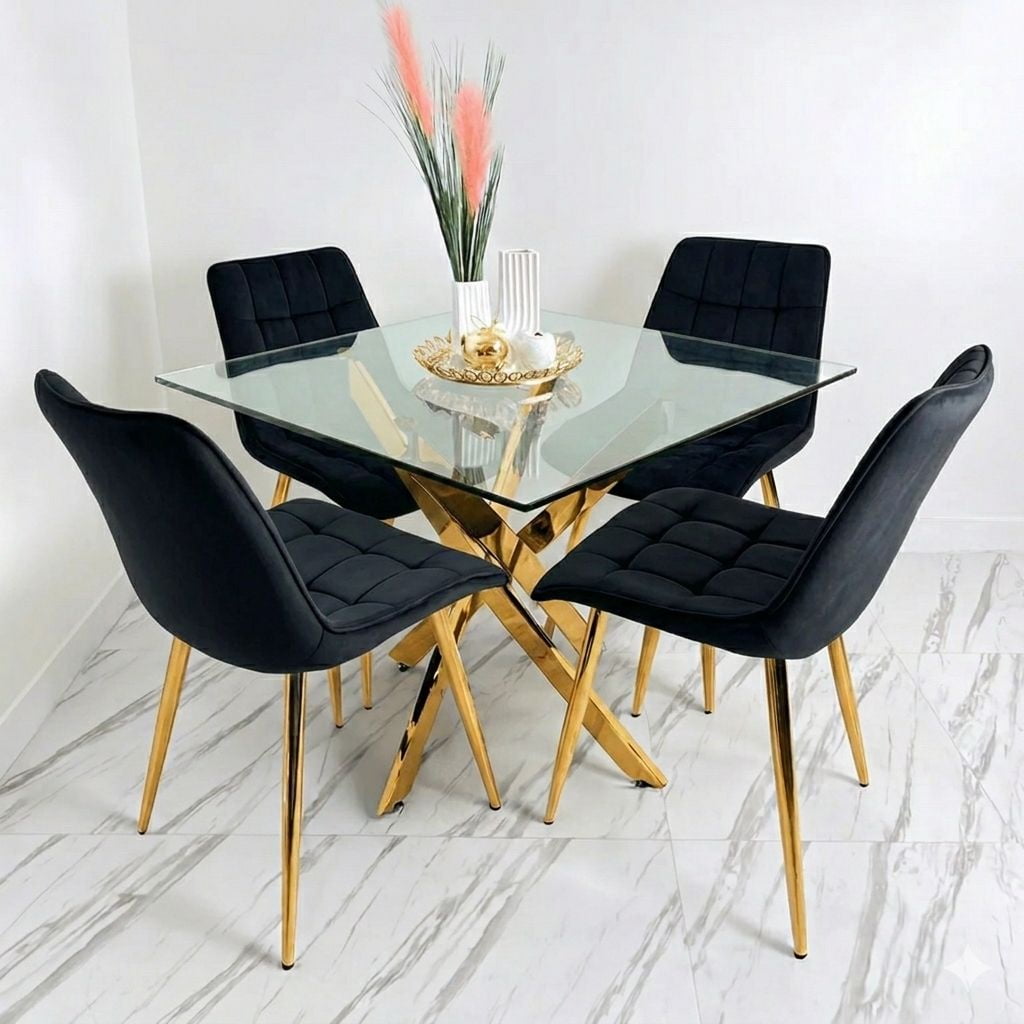 Nevi Express - Juego De Comedor Dorado 120cm + 4 Sillas Capitone Negro