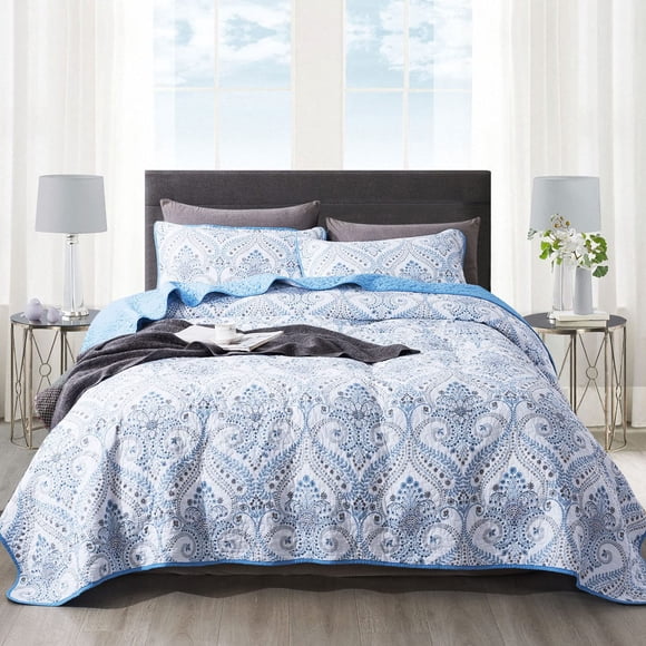 Juego De Colcha Acolchada Reversible De Algodón Para Cama Individual Azul