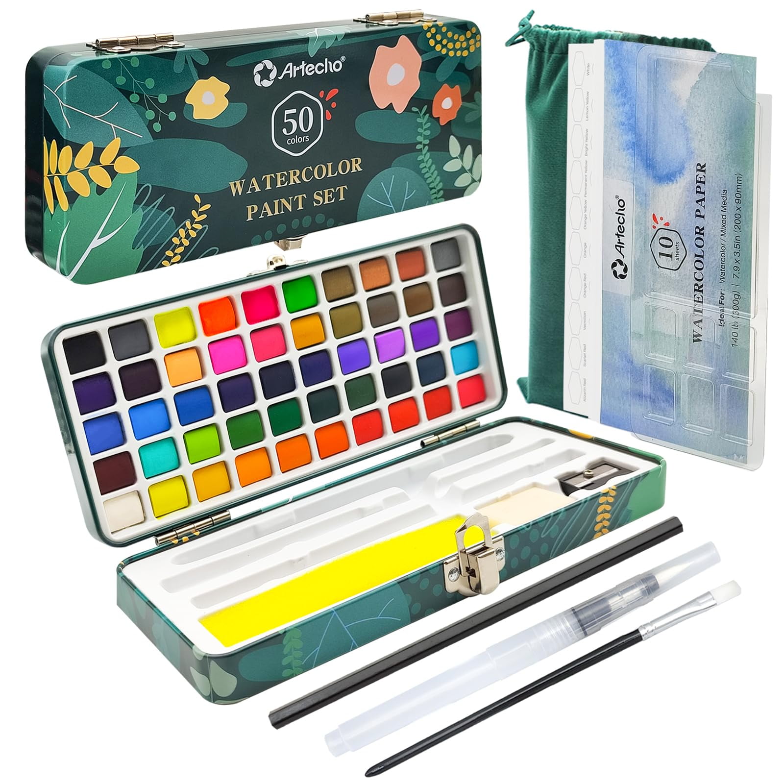 Set De Pinturas De Acuarela Artecho 50 Colores Con Papeles Y Pinceles