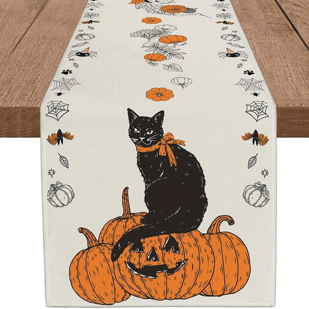 1pc, Halloween Black Cat Table Runner (13x72 In), Jack-O-Lantern Fall Orange Pumpkin Burlap Autumn Seasonal Table Runners Kitchen Dining Table Center Decor For Home Party Fireplace In/Outdoor
