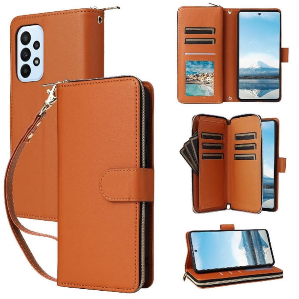Funda Cartera con Cremallera y Correa para Samsung Galaxy A23 5G Soporte y Tarjetero Marrón
