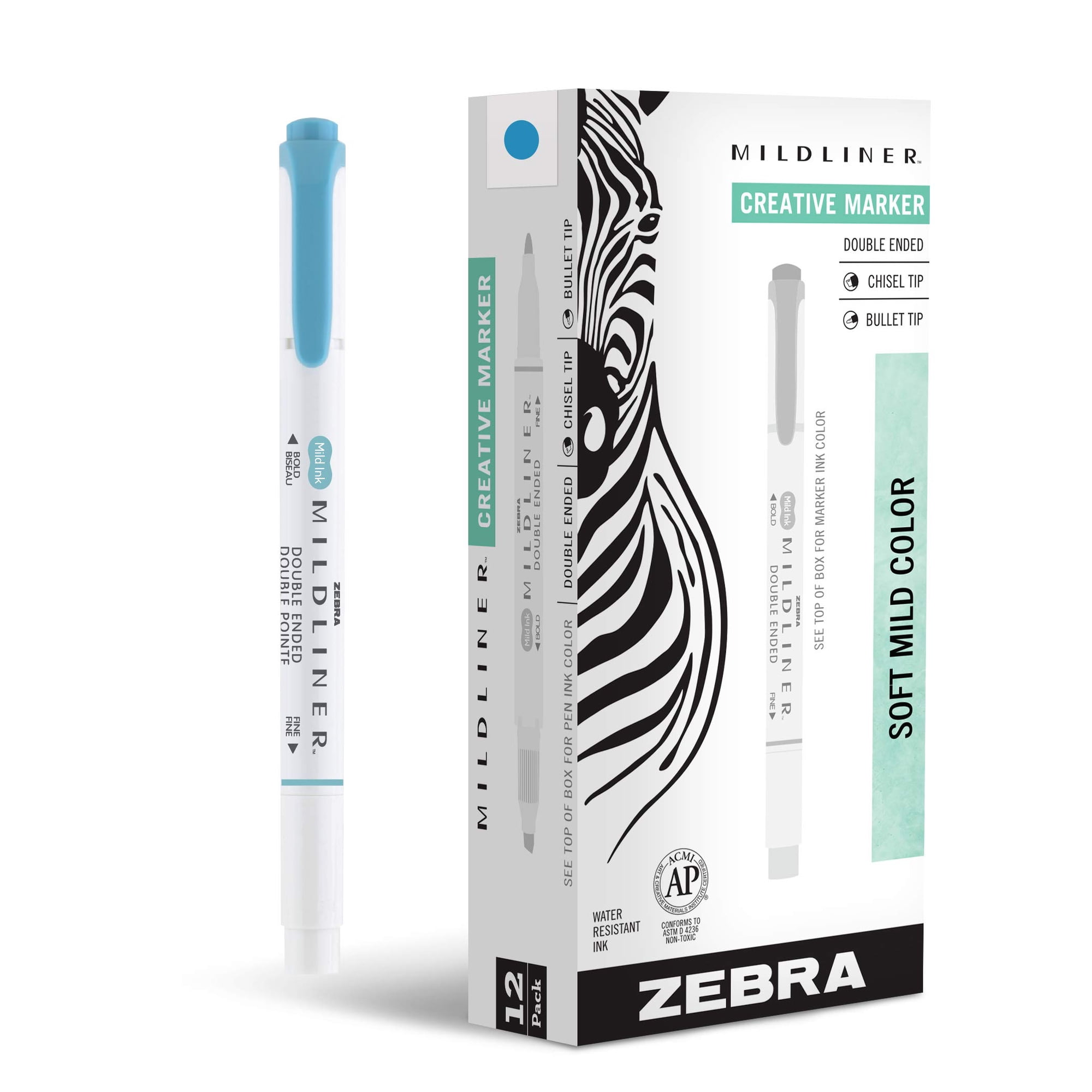 Rotuladores De Doble Punta Zebra Pen Mildliner, Paquete De 12 Unidades, Color Azul