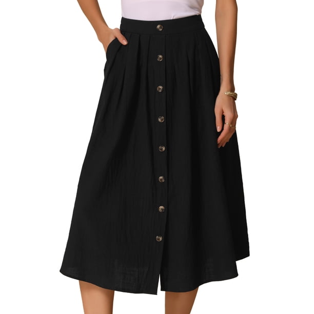 Falda Midi de Algodón INSPIRE CHIC para Mujer, Casual de Verano, con Botones Decorativos, Cintura Elástica, Falda Línea A con Bolsillo S Negro