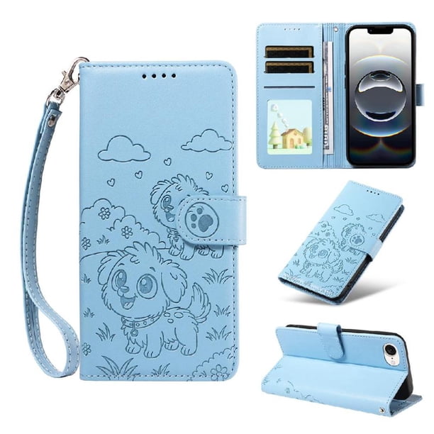 Funda Cartera para iPhone 16e Perro Cachorro Grabado con Tarjetas Soporte Correa Azul