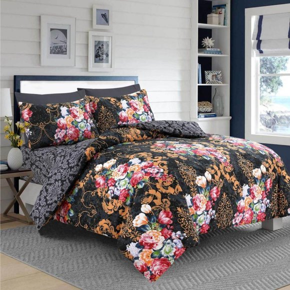 Family Gift Luxury Floral Print Floral Black Quilt Duvet Cover Set3-Piece Bedding Set