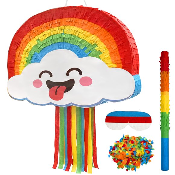 Set de Piñata Arcoíris POPCLAP con Palo y Venda para los Ojos 30x40x6 cm
