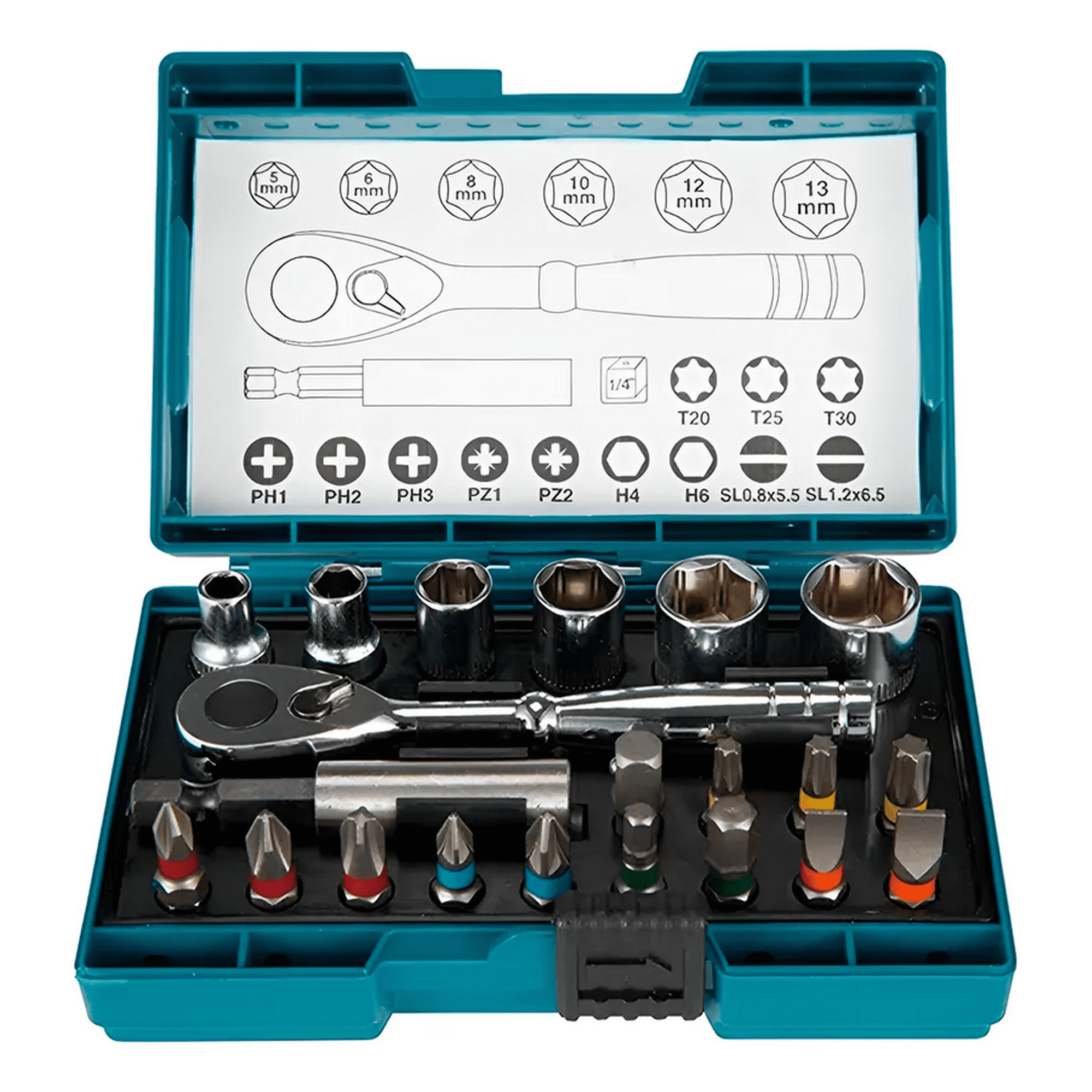 Genérico - Juego De Dados 1/4 + Puntas Makita 21 Piezas B-54081 Plateado