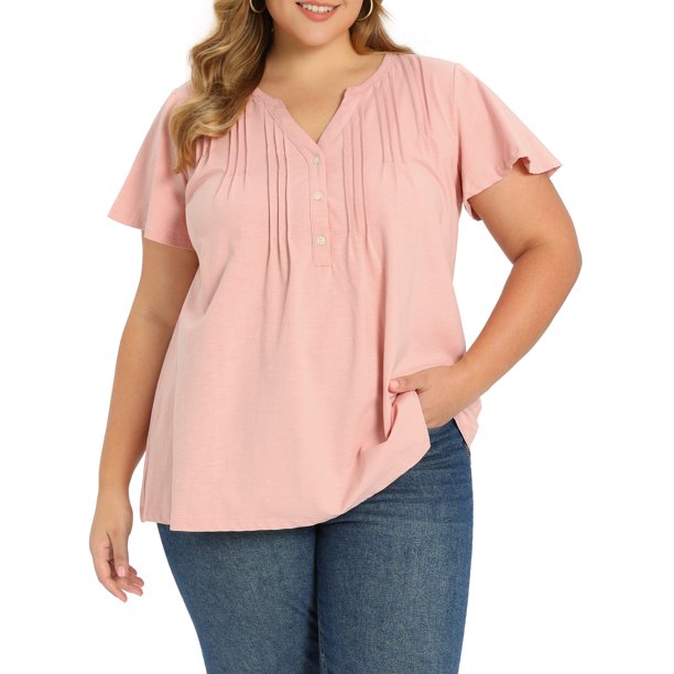 GRACIA Y GRANDEZA Blusa de Manga con Volantes y Pliegues en el Frente para Mujer de Talla Grande, Cuello con Botón, Camisa de Túnica Casual Elegante 4X Rosa
