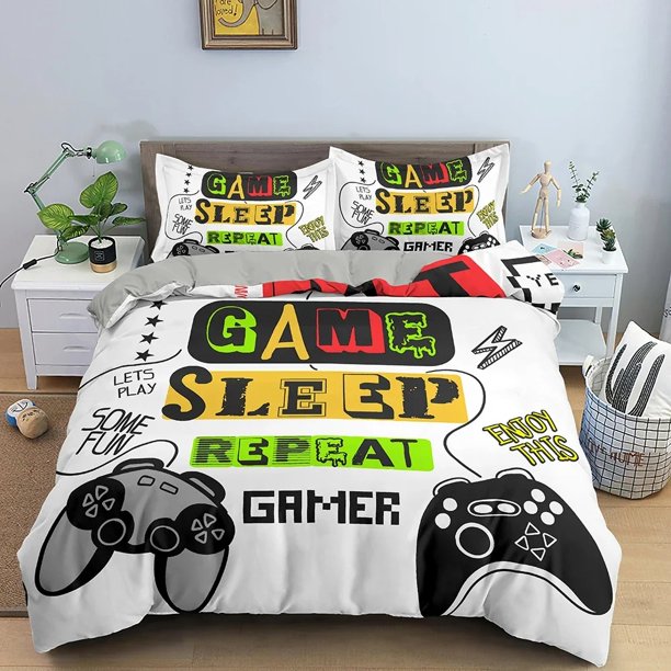 x1709 Bed SheetsGamepad Comforter Cover Twin Size Play Gamer Bedding Set Kids Young Man Video Games Polyester Duvet Cover Teens Game Quilt Cover 3-Piece Bedding Set (1 Duvet Cover + 2 Pillow Shams) nj