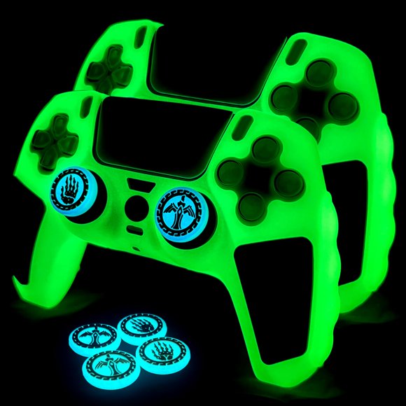 Cobertura de silicona HLRAO para PS5 – Pack de 2 en verde fosforescente + empuñaduras para pulgares