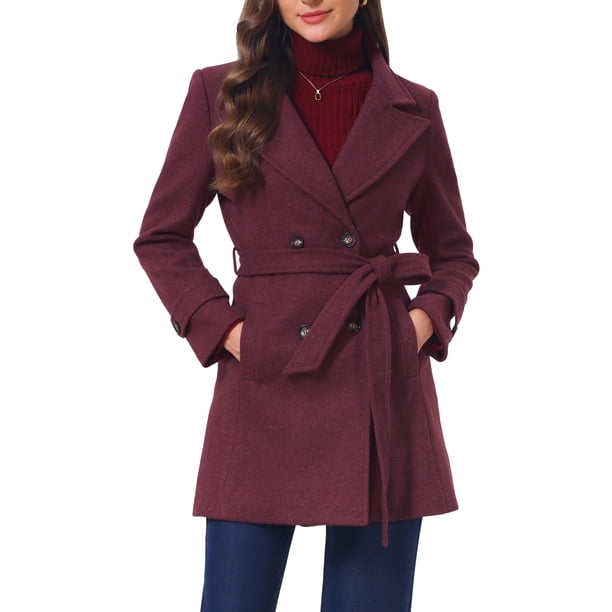 INSPIRE CHIC Abrigo de Invierno para Mujer con Cuello con Solapa, Doble Botonadura, Elegante para Oficina, Abrigo de Trinchera con Cinturón XS Burdeos