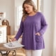 thumbnail image 3 of Agnes Orinda Blusa de Talla Grande para Mujer, Estilo Escolar Universitario, Cuello Redondo, Manga Larga, Plisada, Henley con Botones Decorativos y Bolsillos 1X Púrpura, 3 of 8