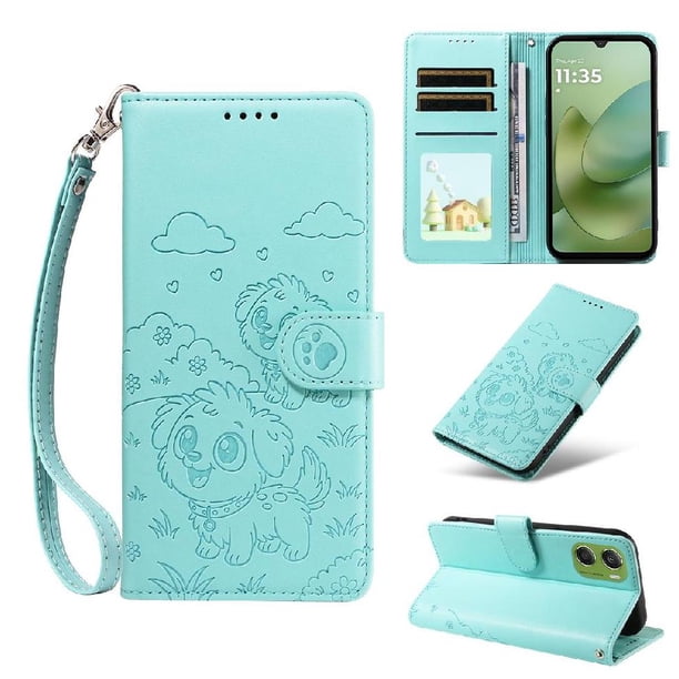 Funda Cartera para Motorola Moto G06 Perro Cachorro Grabado con Tarjetas Soporte Correa Verde