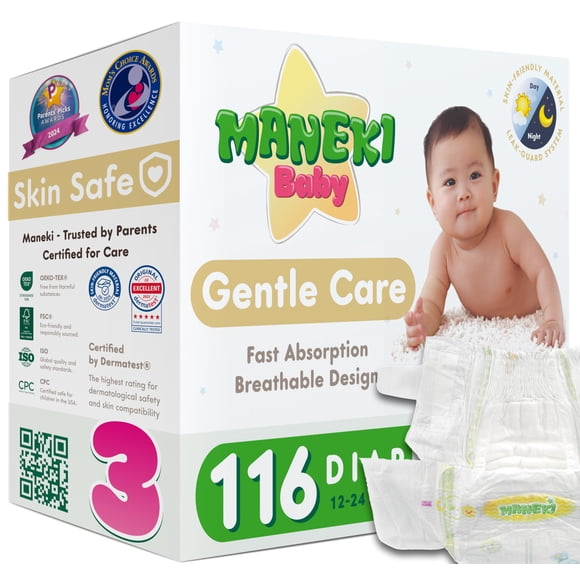 Pañales MANEKI Talla 3 Paquete de 116 Unidades Hipoalergénicos