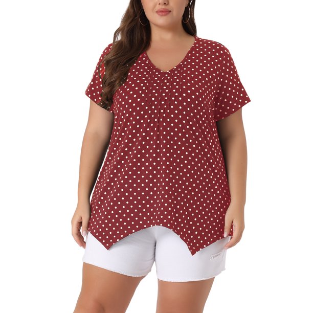 Agnes Orinda Blusa de Talla Grande para Mujer con Cuello en V, Manga Corta, Dobladillo Asimétrico, Lunares y Pliegues, Talla 3X, Burdeos