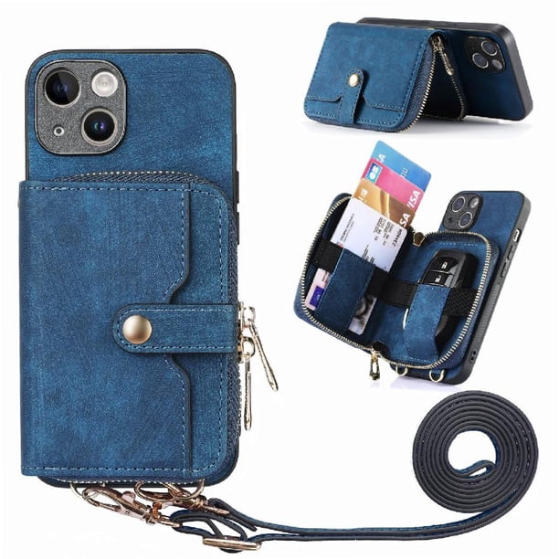 Funda Tipo Cartera con Correa Cruzada para iPhone 15 Protección Contra Golpes Azul