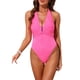 thumbnail image 1 of INSPIRE CHIC Traje de Baño Monokini de 1 Pieza para Mujer con Hebilla de Metal y Recorte, Halter, Acanalado, Escote en V Profundo, Control de Abdomen, Color Rojo Rosado, Talla Pequeña, 1 of 5