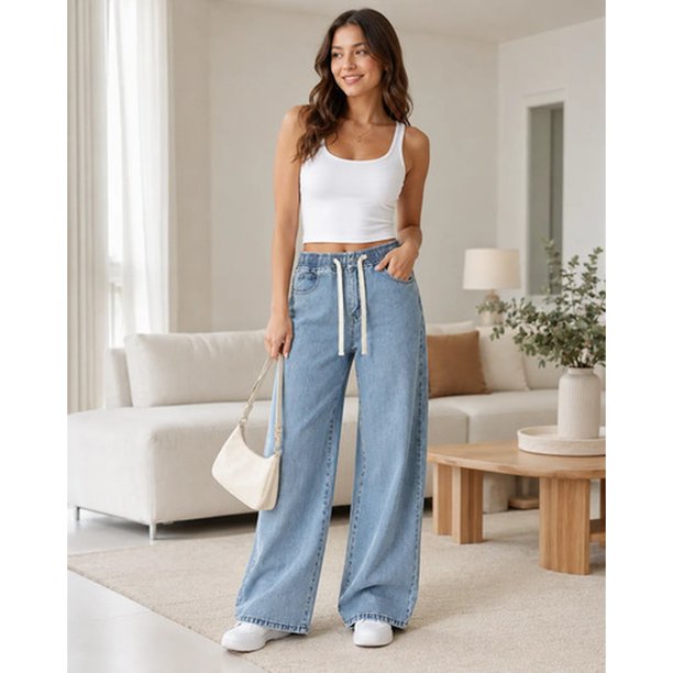 Jeans Mujer Pierna Ancha Cintura Elasticada Ajustable