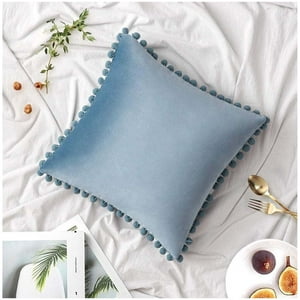Wyj Hogar - Pack De 02 Fundas De Cojín De Terciopelo Con Pompon 45X45 Azul