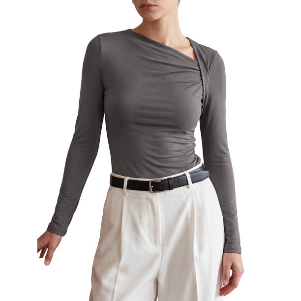 INSPIRA CHIC Tops de cuello asimétrico para mujeres, blusas ajustadas de manga larga casual Y2K para salir, talla S, gris
