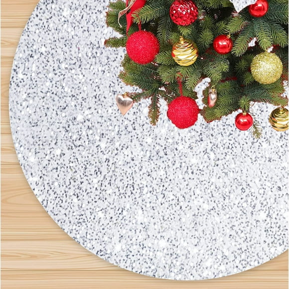 Falda para árbol de Navidad FANPROMS con lentejuelas blancas con purpurina, 46 cm