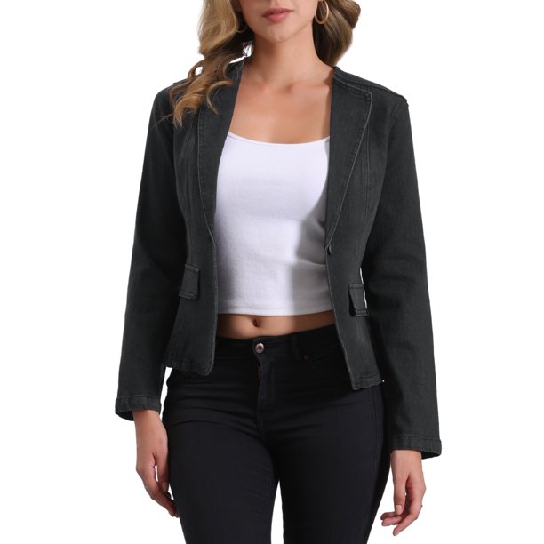 INSPIRE CHIC Chaqueta de Jean Elástica para Mujer con Cuello de Solapa Un Botón Manga Larga Chaquetas de Trabajo de Mezclilla M Negro