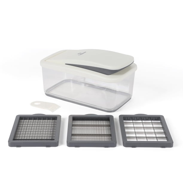 Calphalon Aero Picador de Verduras 5 en 1 con Recipiente, Picadora Manual con Cuchillas Intercambiables de Acero Inoxidable para Rebanar, Picar y Preparar Comidas