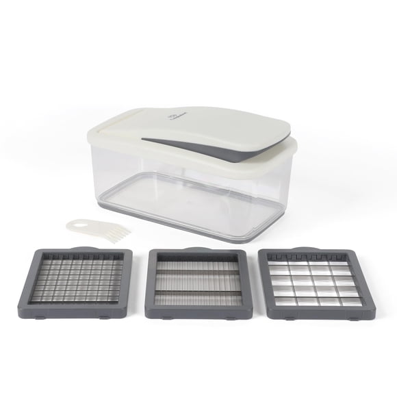 Calphalon Aero Picador de Verduras 5 en 1 con Recipiente, Picadora Manual con Cuchillas Intercambiables de Acero Inoxidable para Rebanar, Picar y Preparar Comidas