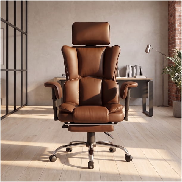 Silla Oficina Ejecutiva Ergonómica Reclinable Con Reposapiés Marrón Cuero Sintético