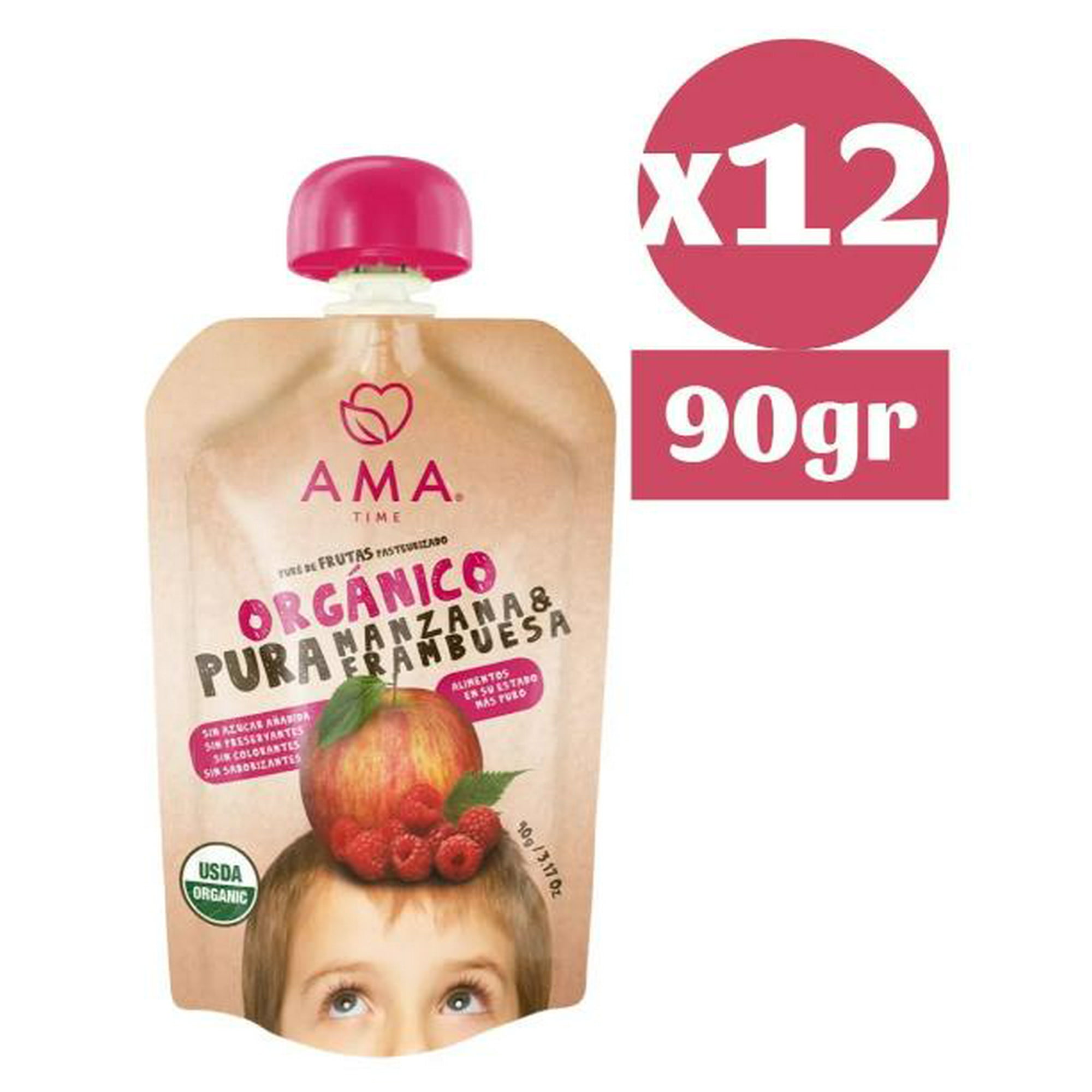 Ama Time - Pack 12x Ama Pure Fruta Manzana Frambuesa Orgánico Papilla