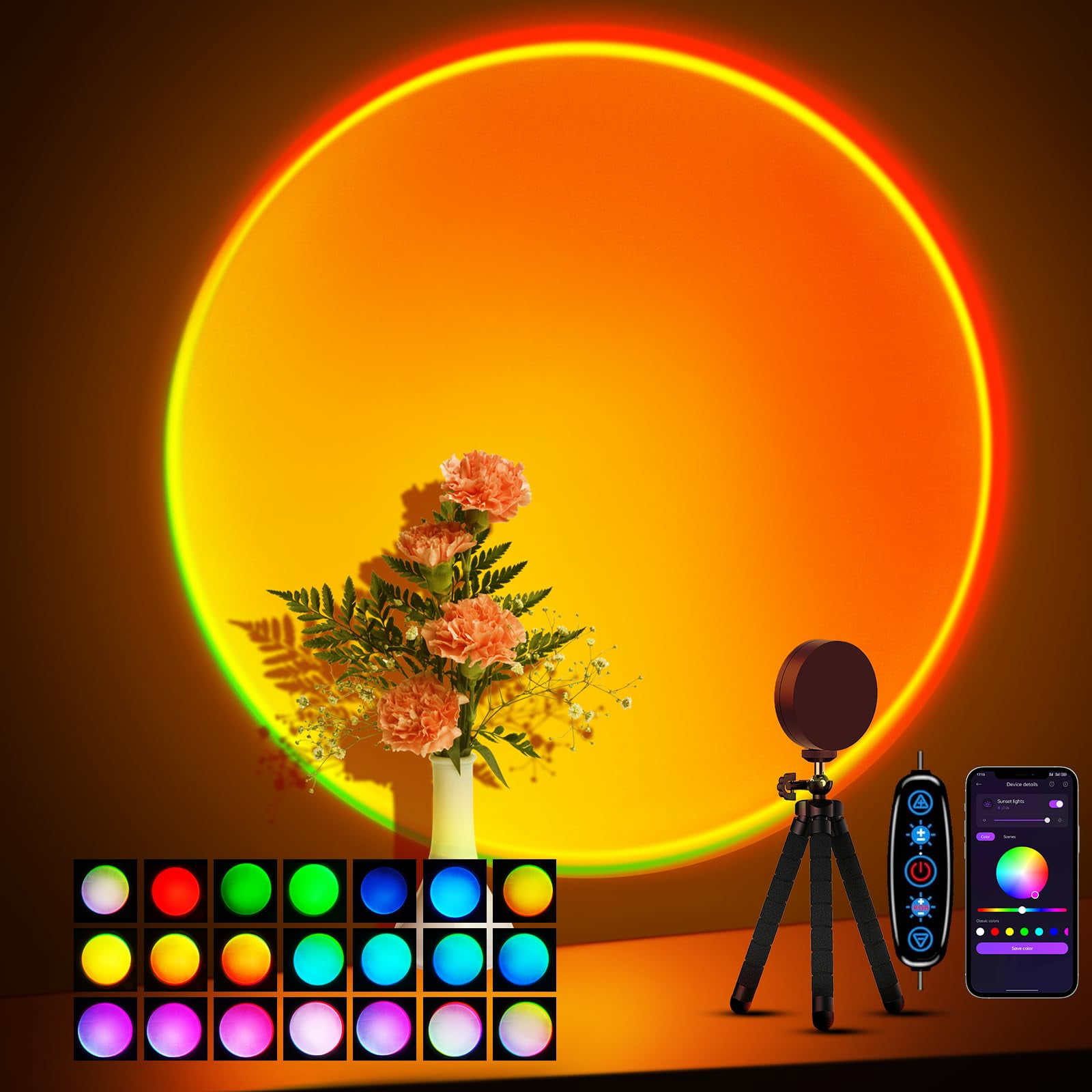 Proyector De Luz Nocturna Multicolor Tsrarey Sunset Lamp Con Interruptor De Botón, Control De Aplicaciones, Rotación De 360° Para Decoración De Habitaciones, Fiestas, Tiktok Live, Fotografía