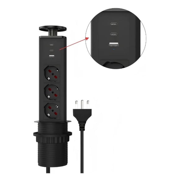 Torre Enchufe Negro 80mm Chileno 3 Orificios (1 USB-A + 2 USB-C)