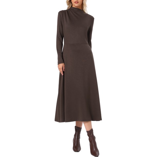 INSPIRE CHIC Vestidos de punto acanalado de otoño para mujeres Cuello alto Casual Manga larga Vestido maxi L Café