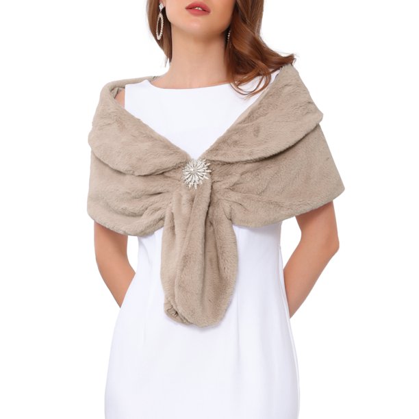 INSPIRE CHIC Capa de Mujer de Imitación de Piel para Novia Fiesta de Boda Chal de Novia con Broches de Perlas Falsas y Diamantes de Imitación S Marrón Caqui