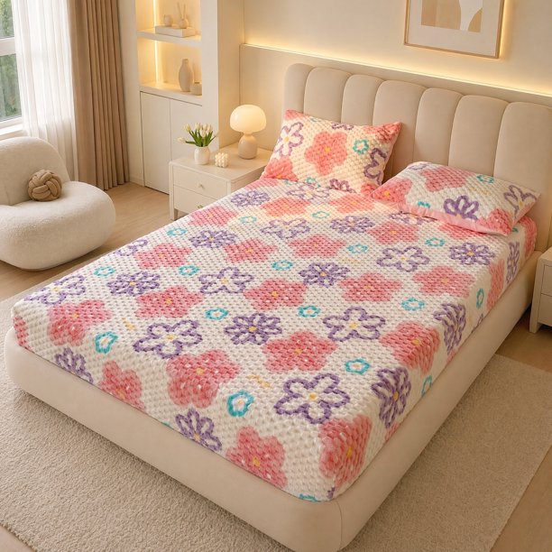 REGALWOVEN Sábana Ajustada Cómoda de Poliéster para Todas las Estaciones y Sensibilidad de la Piel Rosa/Púrpura 1 PC 78.0x79.9 pulgadas