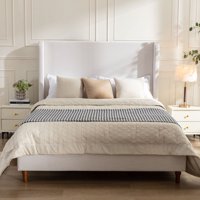 M&Ms - Hayden Upholstered Wingback Bed Size Queen / Tall 54"" Headboard Upholstered Queen Bed / Without Wooden Slats / Box Spring Request / Queen / Textured Ivory Canvas / Elegant Simplicity / Easy Assembly