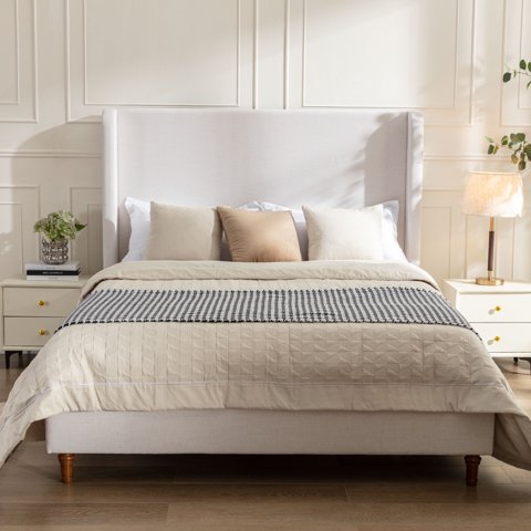 M&Ms - Hayden Upholstered Wingback Bed Size Queen / Tall 54"" Headboard Upholstered Queen Bed / Without Wooden Slats / Box Spring Request / Queen / Textured Ivory Canvas / Elegant Simplicity / Easy Assembly