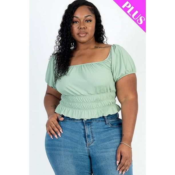 Top Liso de Punto Acanalado con Mangas Abullonadas Fruncidas Casuales en Talla Grande