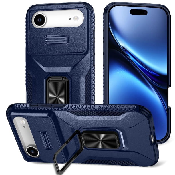 Funda Armada para iPhone 17 Air con Tapa Deslizante y Soporte Magnético Giratorio Azul